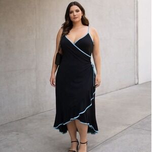 Napoli Vintage Y2k 90s Fairy Dress Black Blue Ruffle Faux Wrap Hi-Low Size Large